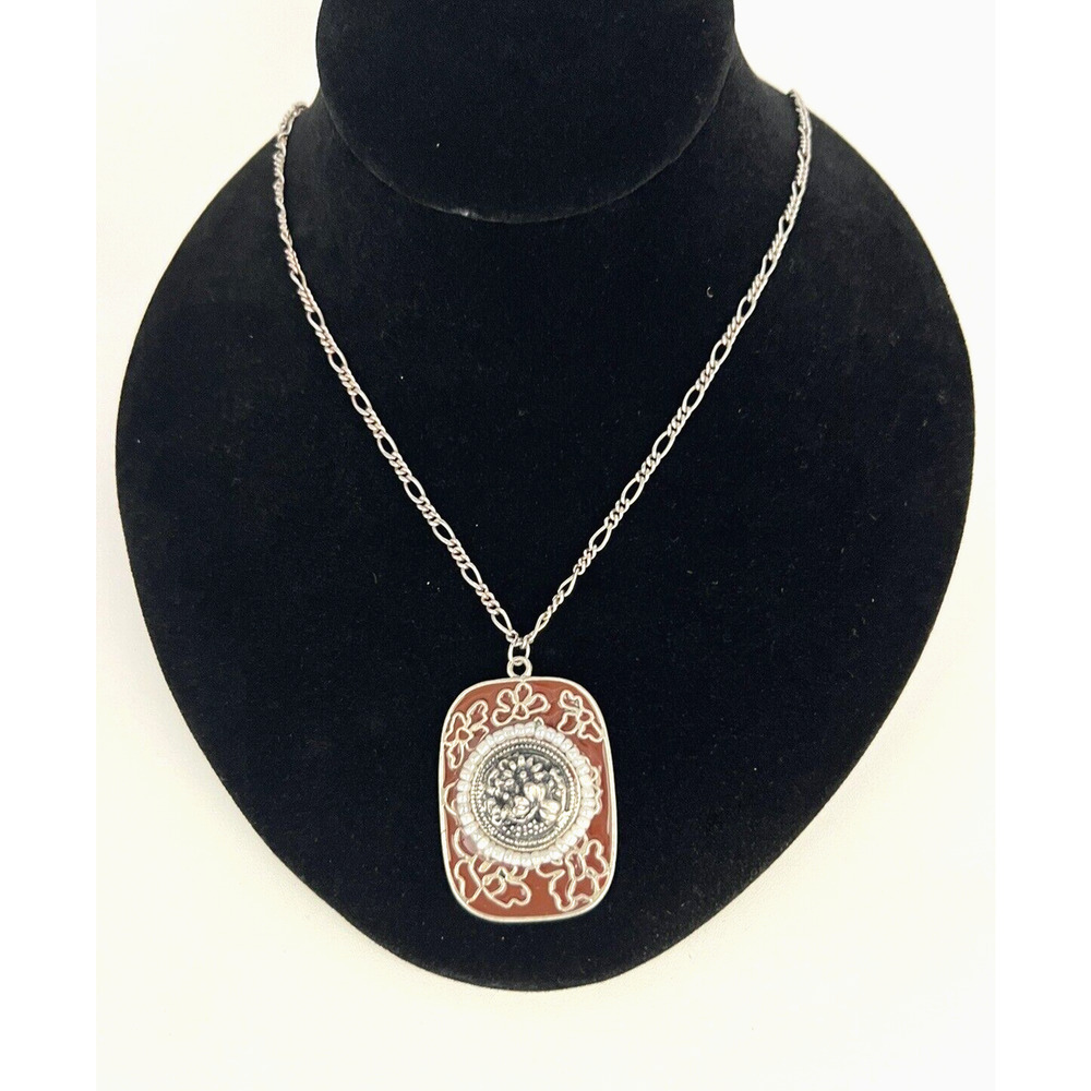 Vintage Red Enamel Floral Faux Pearls Silver Necklace & Pendant STUNNING DETAIL